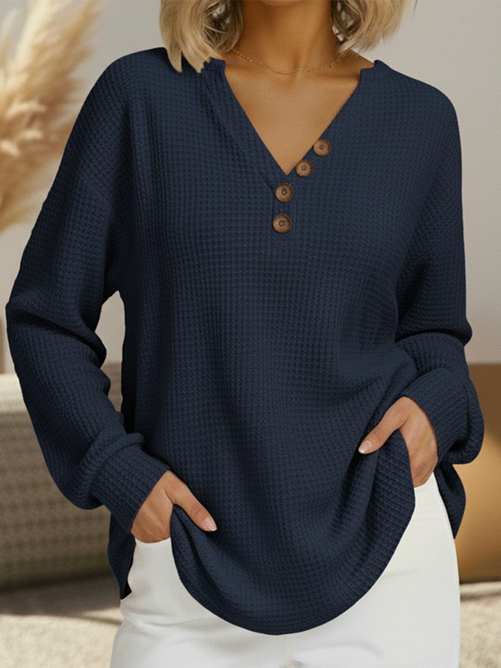 Women's Knit Henley Jumper Long Sleeve V Neck Top