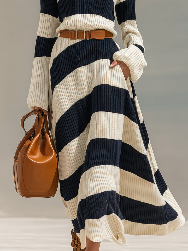 Women’s Striped High-Neck Belted Knit Maxi Dress