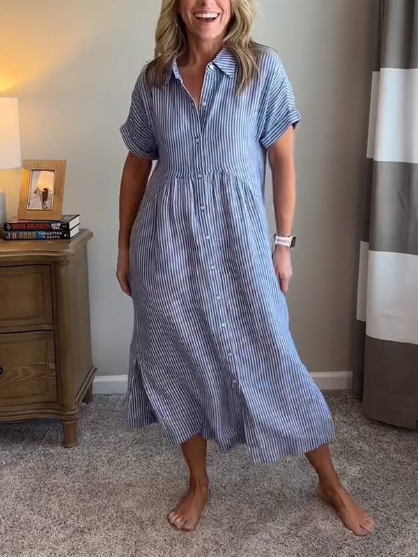 Linen Striped Button Down Shirt Dress for Women