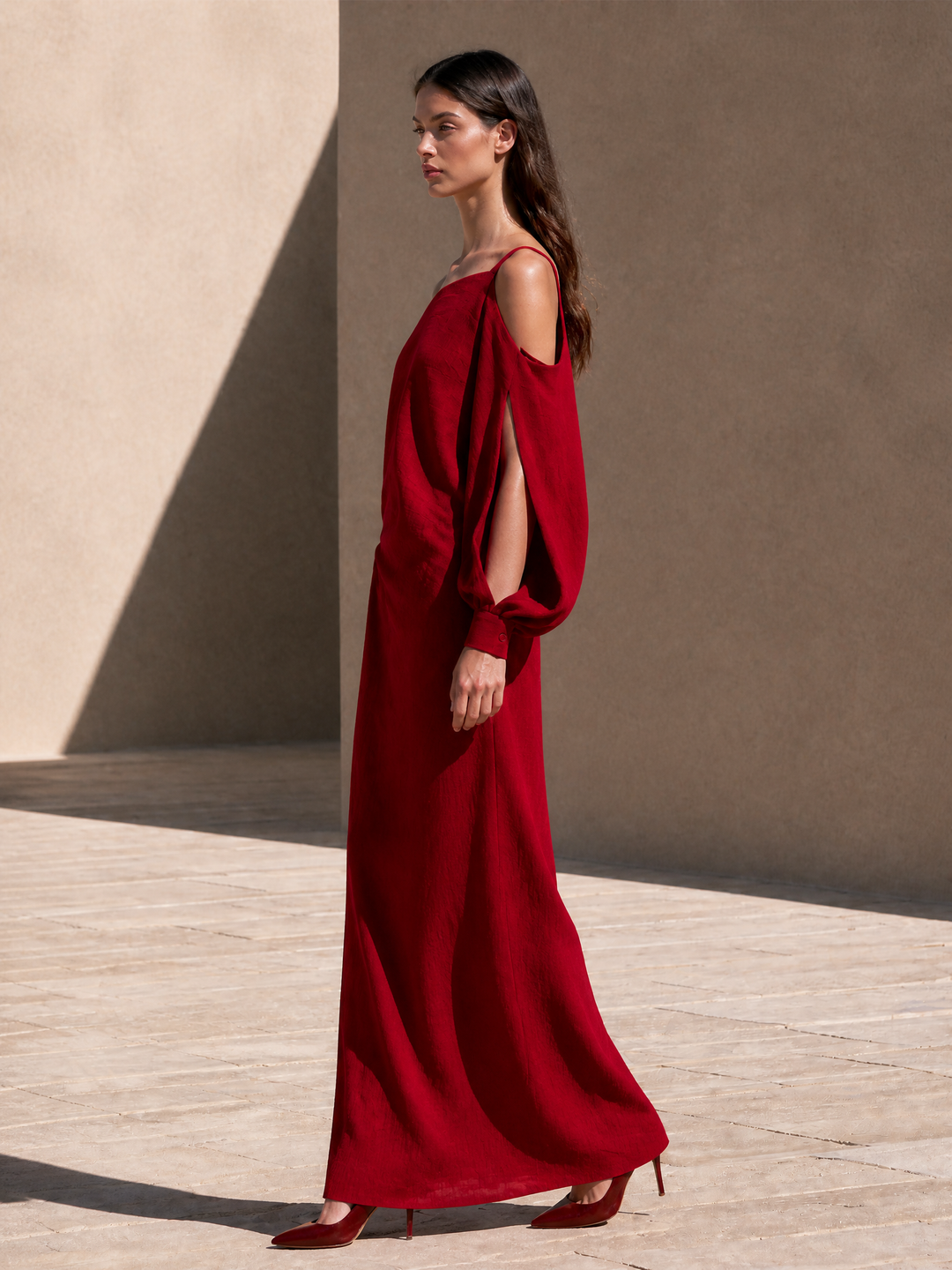 Women's Linen One Shoulder Long Sleeve Evening Maxi Dress