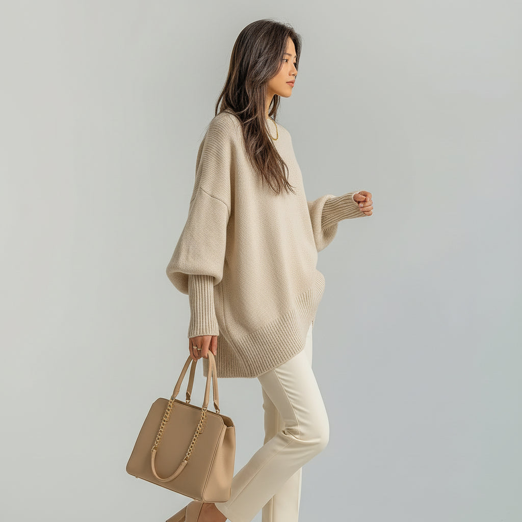 Γυναικεία μάλλινη oversized τουνίκ με στρογγυλή λαιμόκοψη και μανίκια τύπου νυχτερίδα