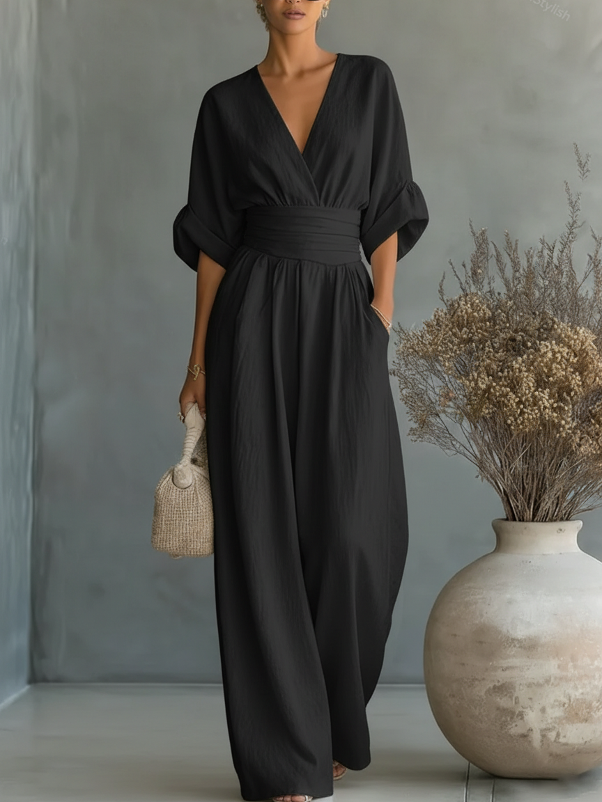 Women’s Linen Blend V-Neck Wide-Leg Jumpsuit