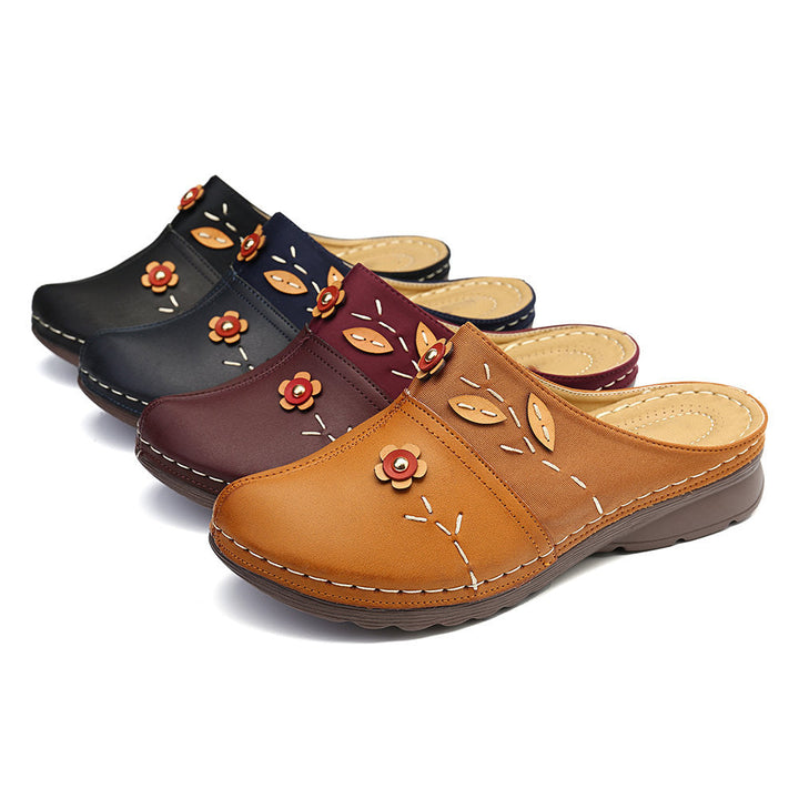 Women’s Leather Floral Print Slip-On Closed Toe Clogs