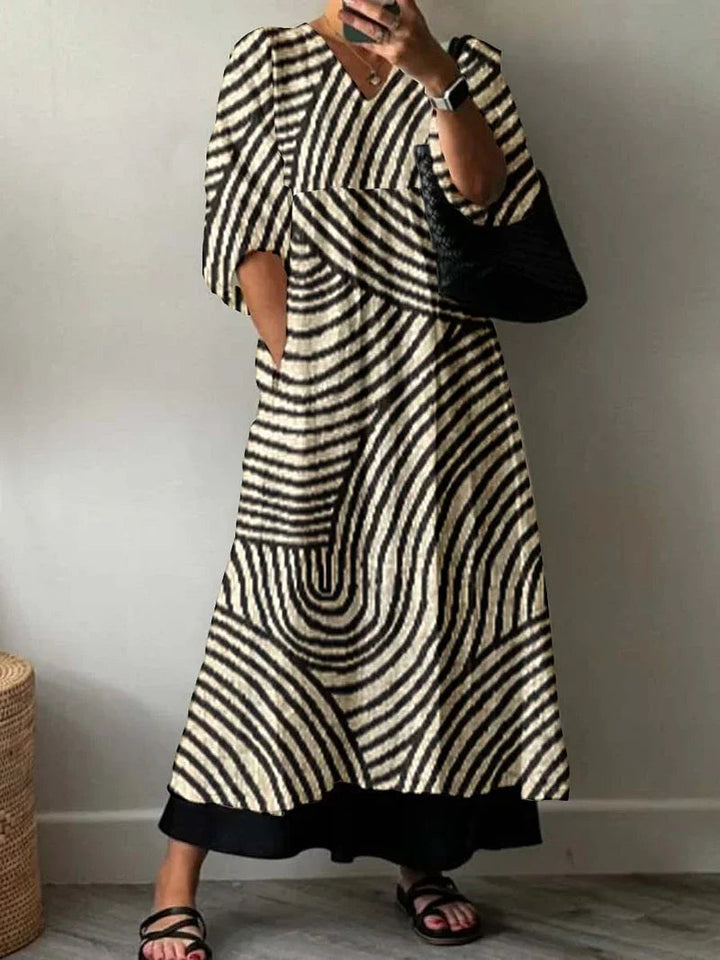 Women's Maxi Dress Printed Linen V-Neck Long Sleeve Casual Kaftan