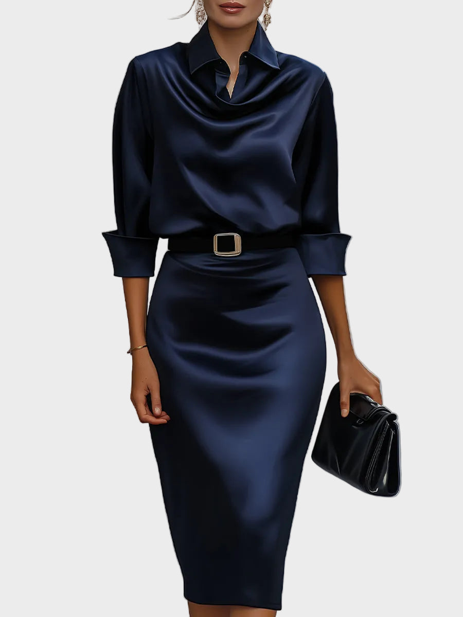 Women's Satin Cowl Neck Long Sleeve Midi Dress