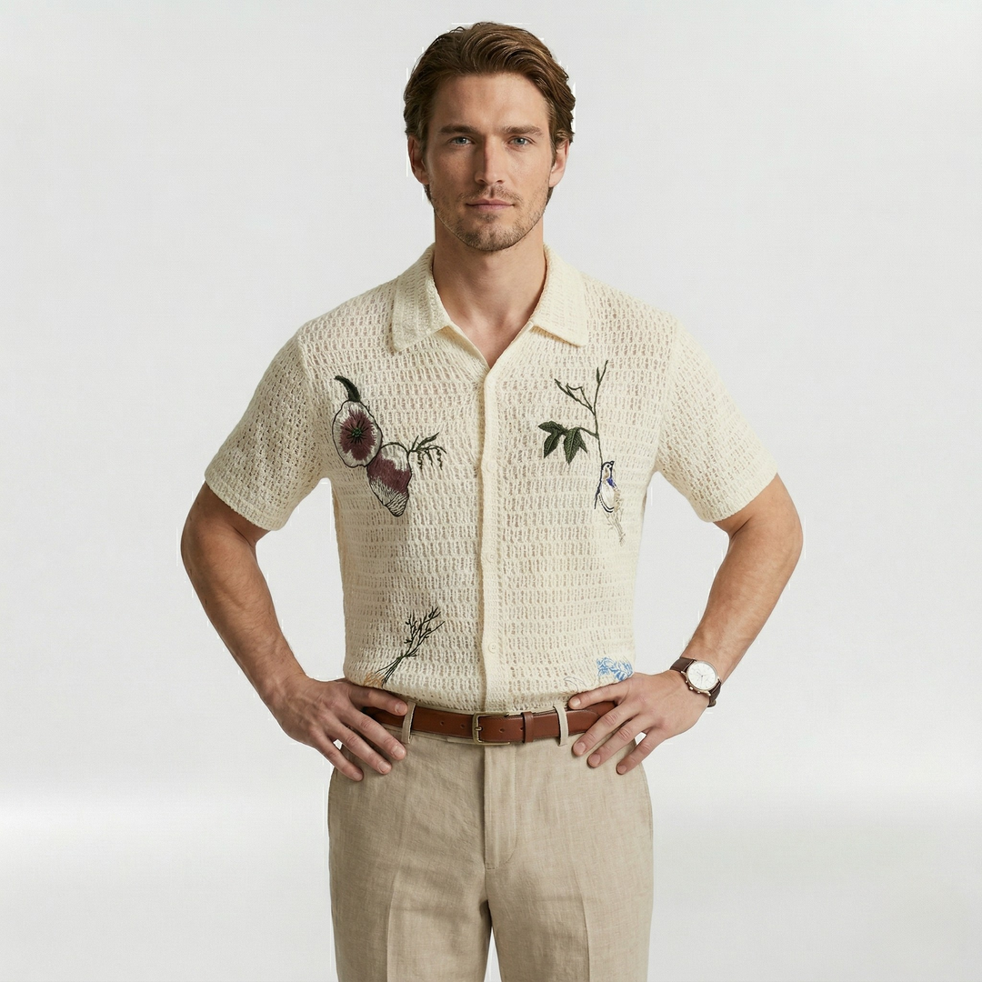 Men's Open-Knit Embroidered Relaxed Fit Short Sleeve Shirt