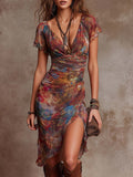 Women Ruched Midi Dress Linen Abstract Bohemian Print Slit