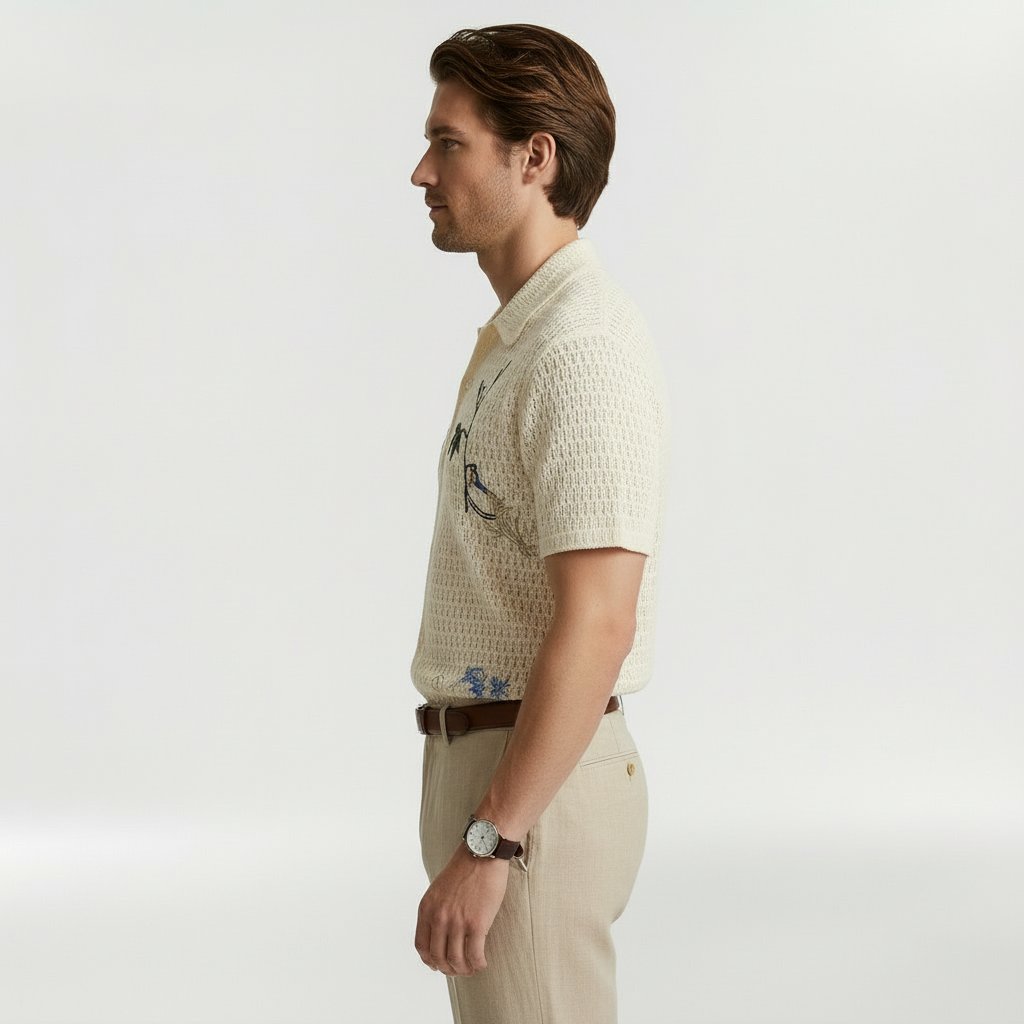 Men's Open-Knit Embroidered Relaxed Fit Short Sleeve Shirt