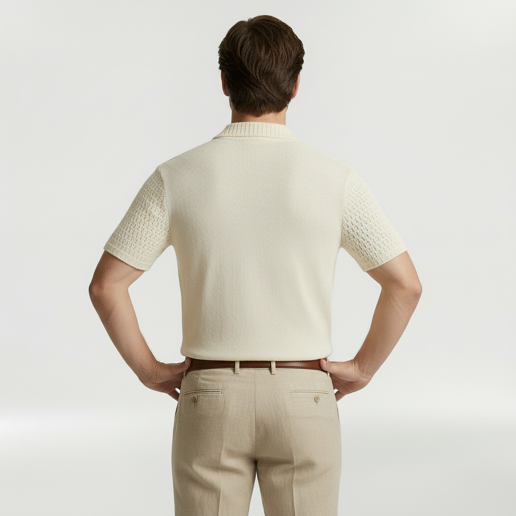 Men's Open-Knit Embroidered Relaxed Fit Short Sleeve Shirt