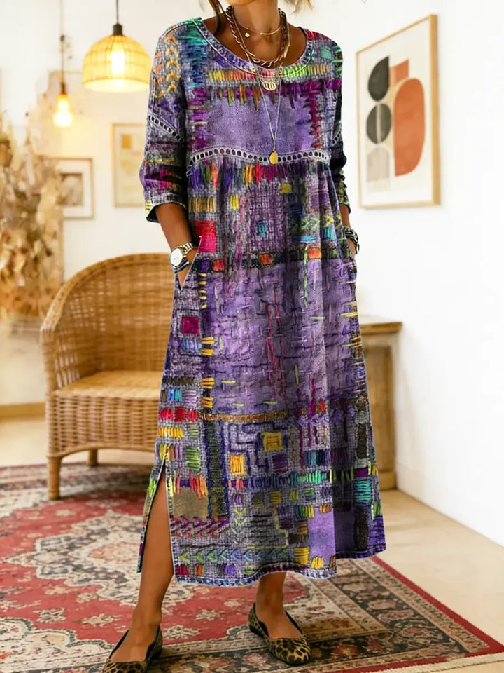 Women's Linen Blend Geometric Print Round Neck Long-Sleeve Midi Dress
