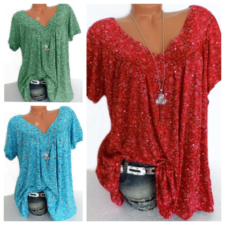 Women’s Linen Printed V-Neck Short-Sleeve Blouse