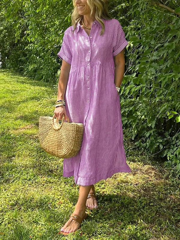 Linen Maxi Dress Women's Short Sleeve V-Neck Loose Fit Casual Shirt Dress