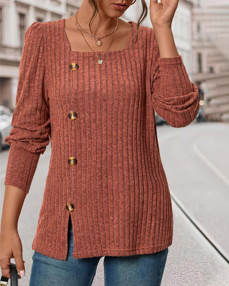 Women's Jumper Ribbed Knit Square Neck Long Sleeve Top