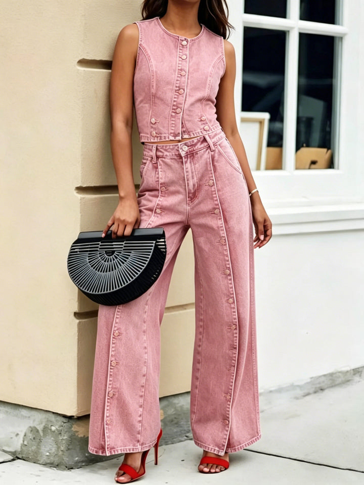 Women's Denim Two Piece Set Sleeveless Top and Wide Leg Jean Pants