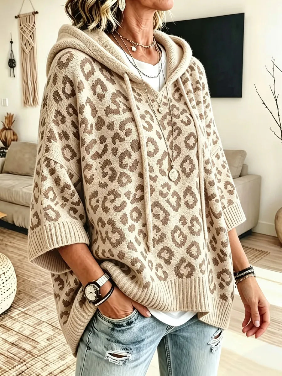 Women's Hooded Leopard Print Knit Poncho Sweater Pullover Jumper