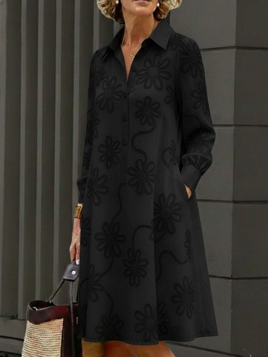 Women's Linen Blend Long Sleeve Embroidered Shirt Dress