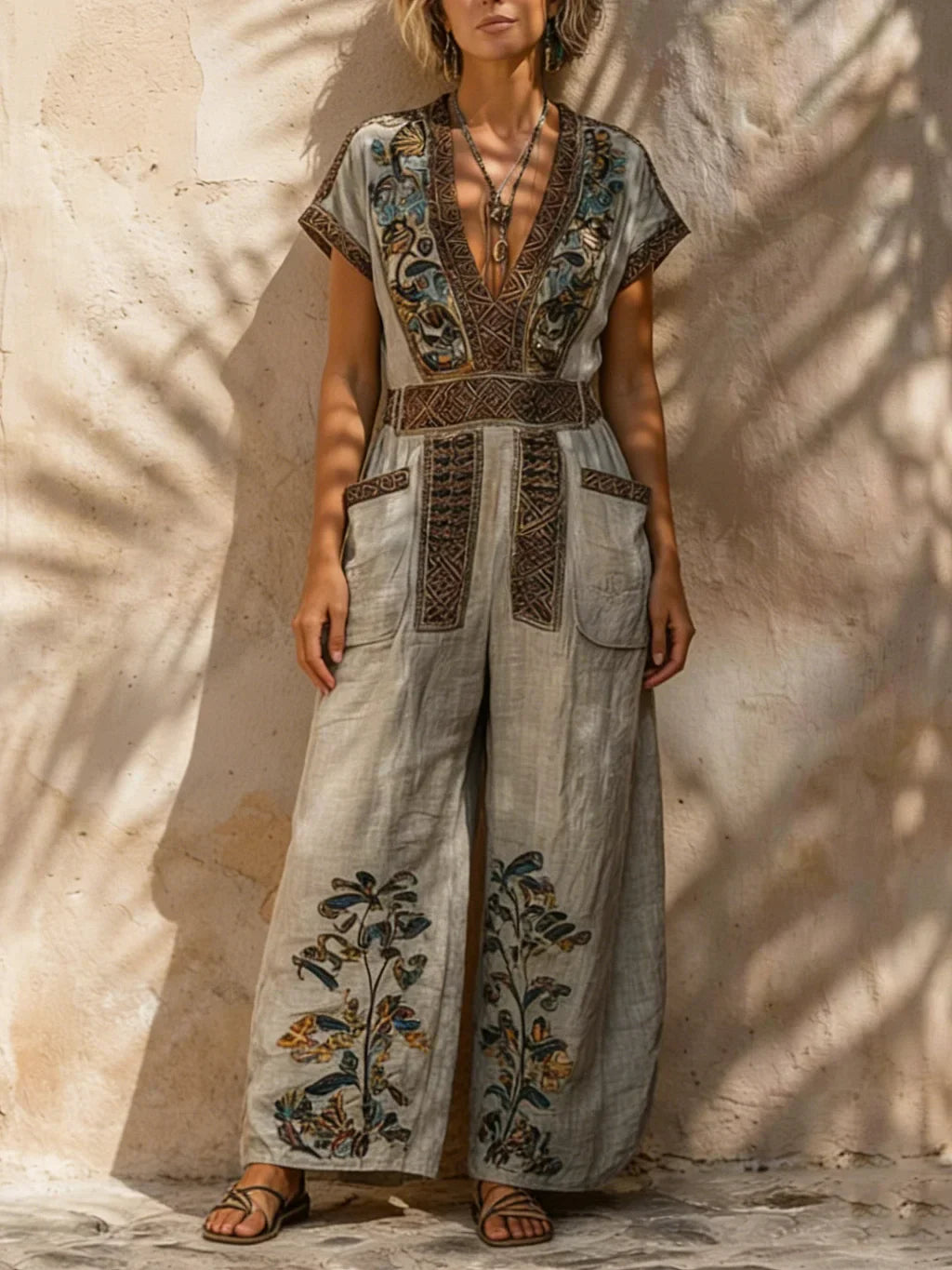 Women's Boho Printed Linen V-Neck Wide Leg Jumpsuit