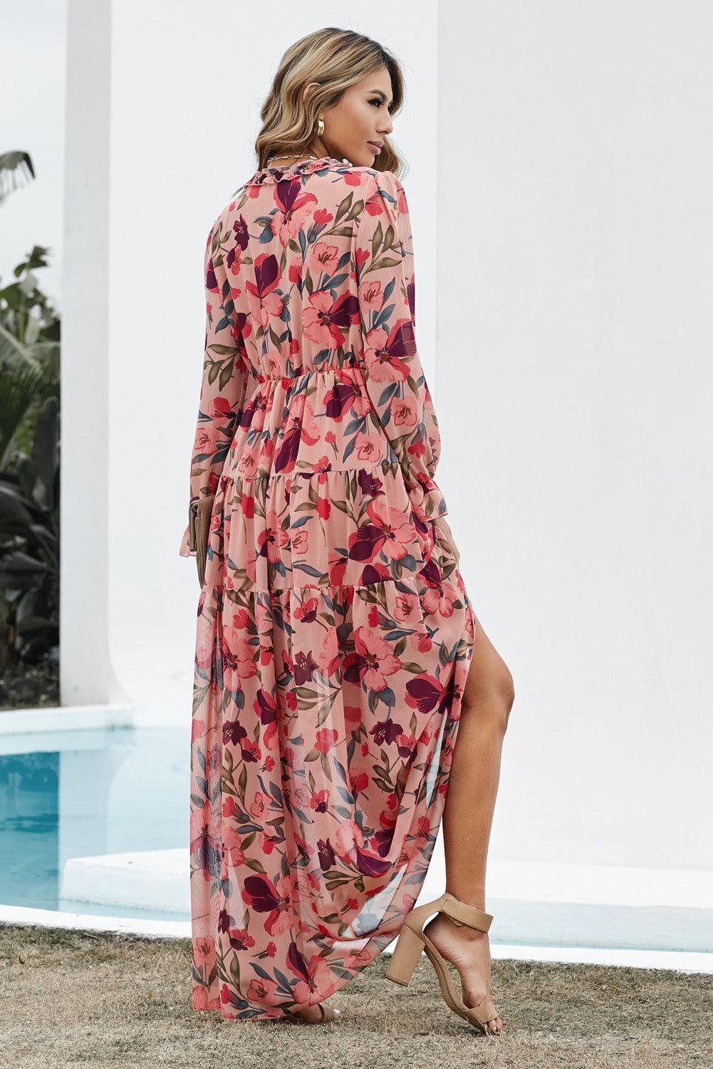 Women's Chiffon Floral V Neck Long Sleeve Maxi Dress
