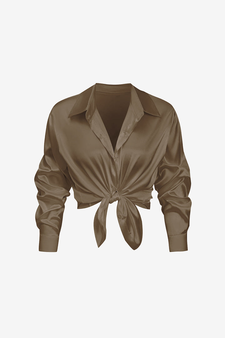Women's Satin Long-Sleeve Blouse Elegant Silk-Feel Button-Down Shirt