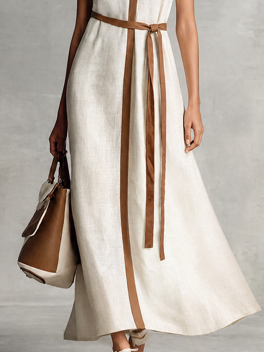 Women's Linen Sleeveless Plunge V-Neck Belted Maxi Dress