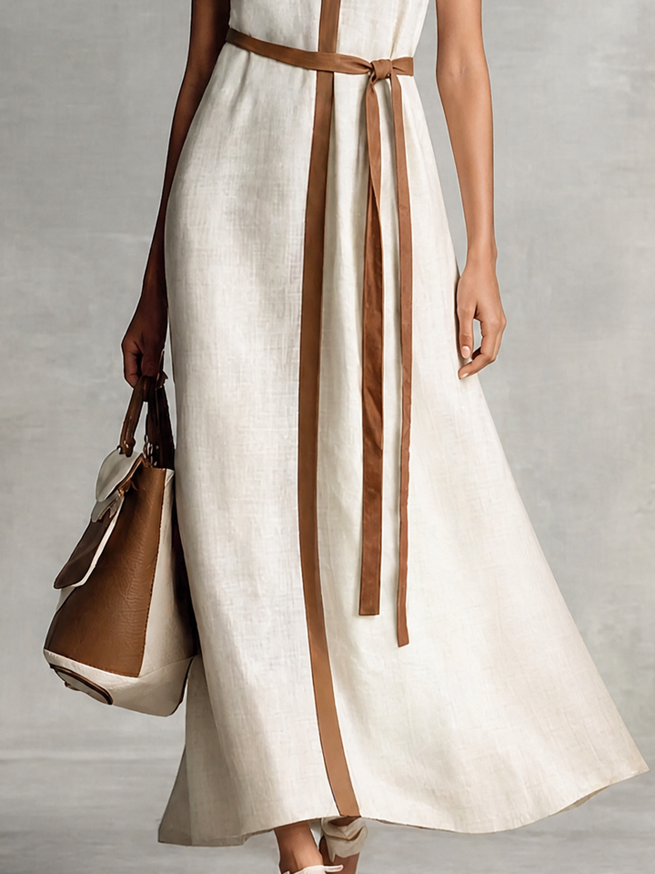 Women's Linen Sleeveless Plunge V-Neck Belted Maxi Dress
