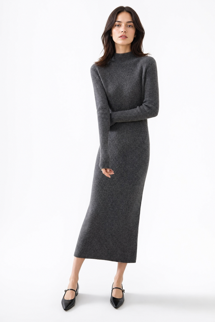 Women's Wool Knit Ribbed Long Sleeve Midi Dress 