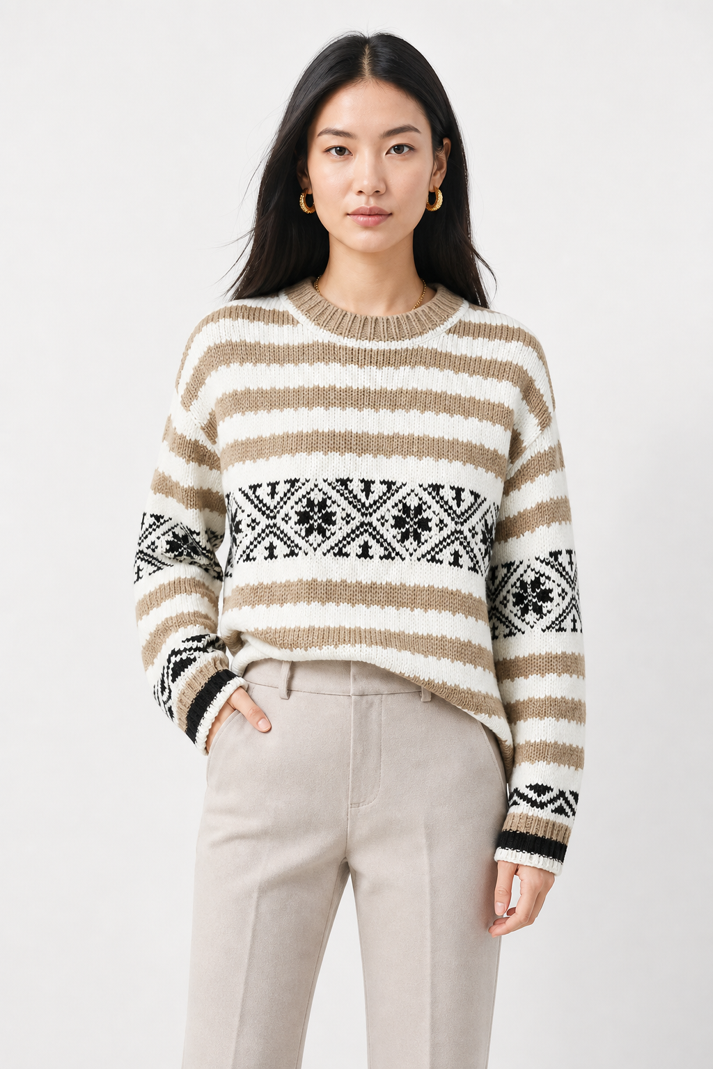 Women's Sweater Merino Wool Knit Fair Isle Crewneck Pullover