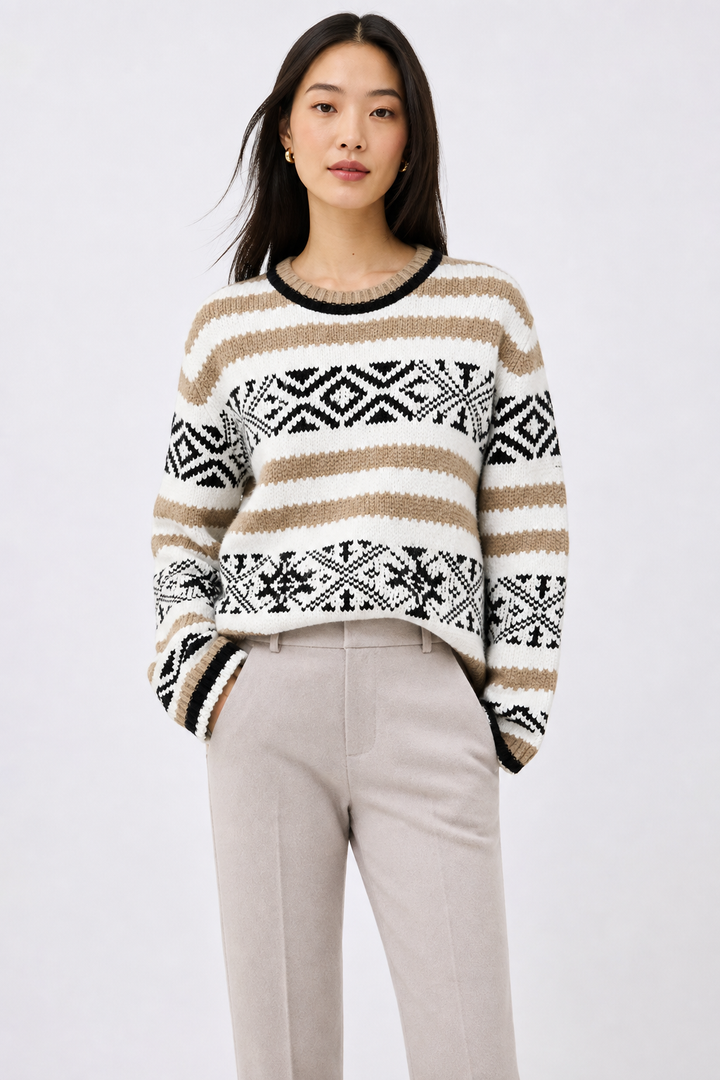 Women's Sweater Merino Wool Knit Fair Isle Crewneck Pullover