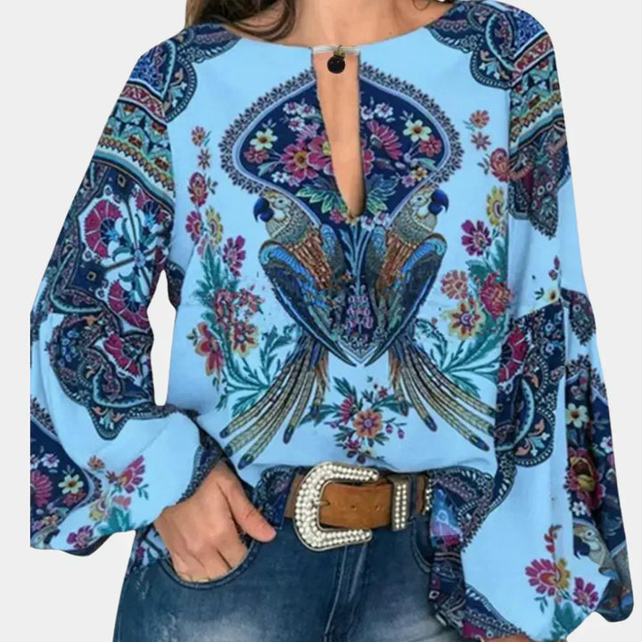 Women's Boho Floral Linen Keyhole Blouse