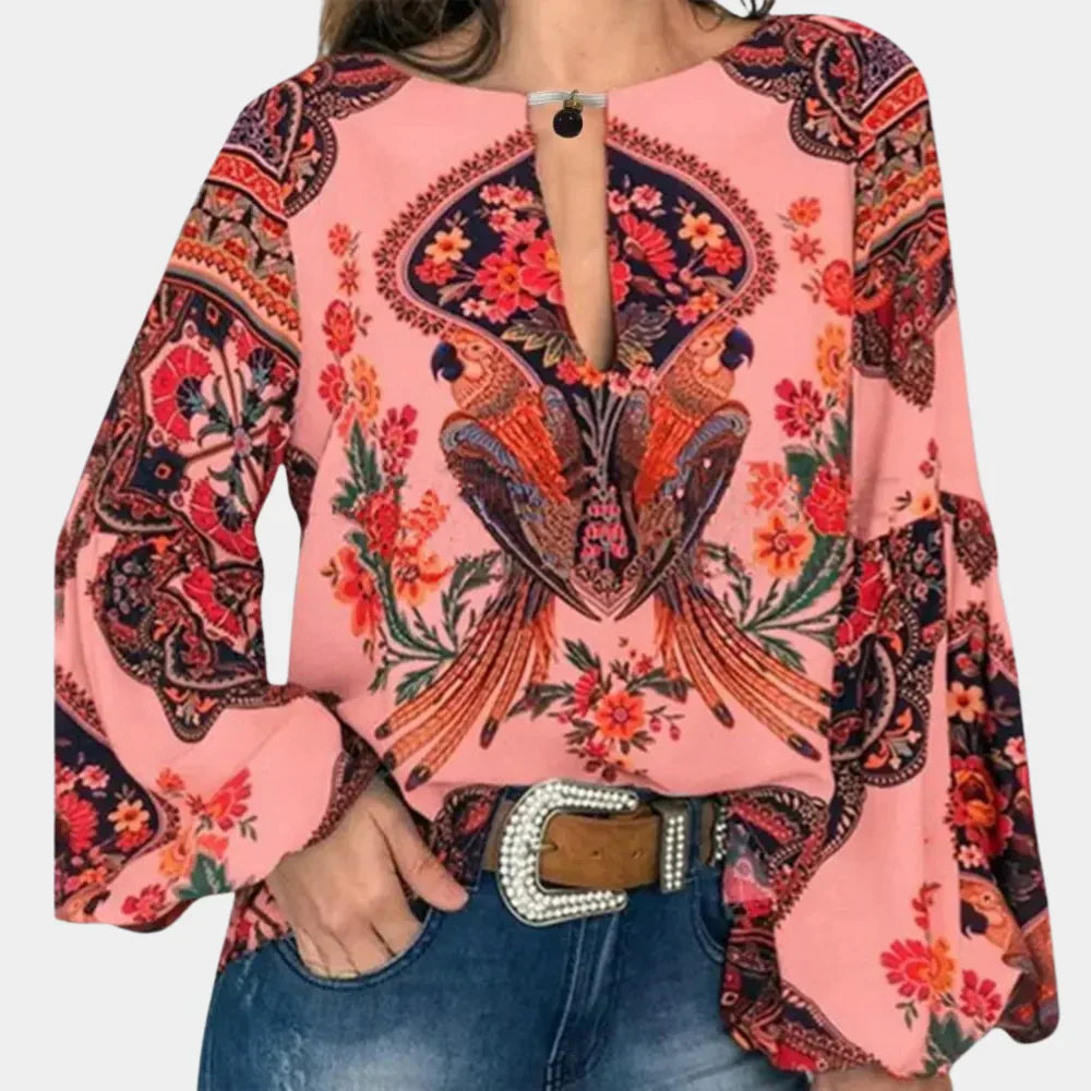 Women's Boho Floral Linen Keyhole Blouse