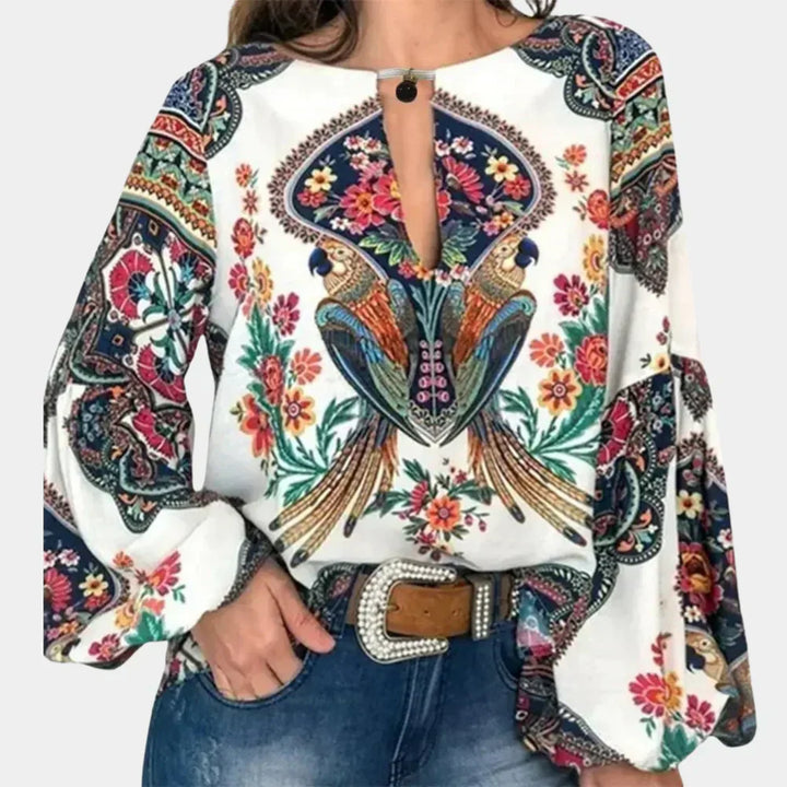 Women's Boho Floral Linen Keyhole Blouse