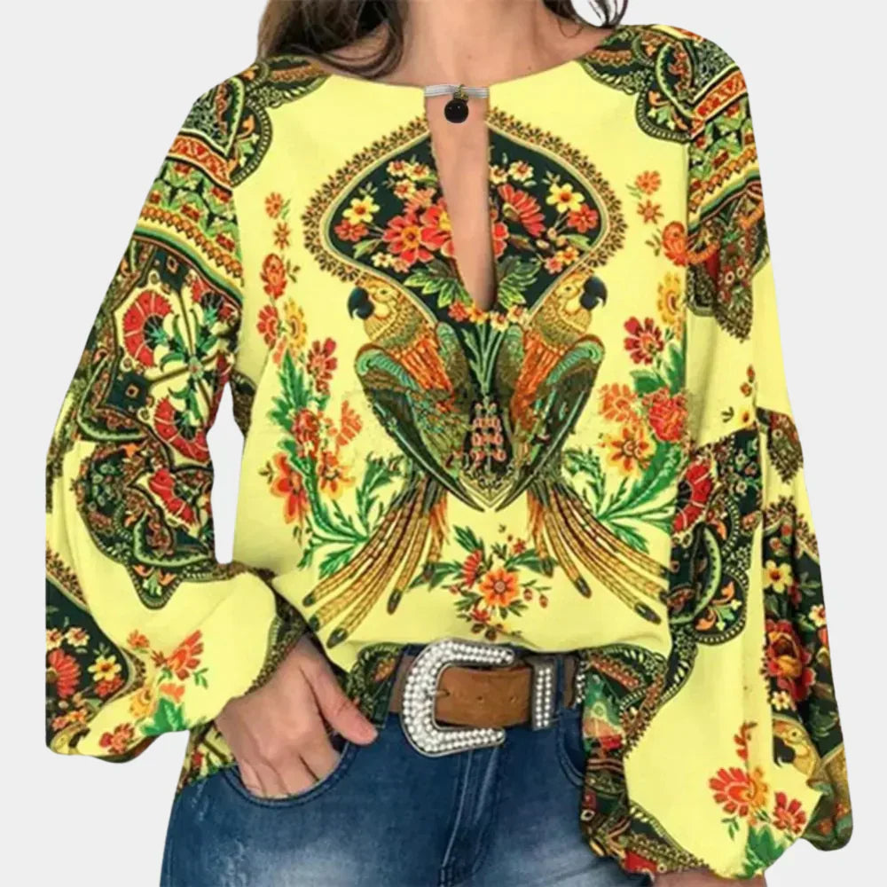 Women's Boho Floral Linen Keyhole Blouse