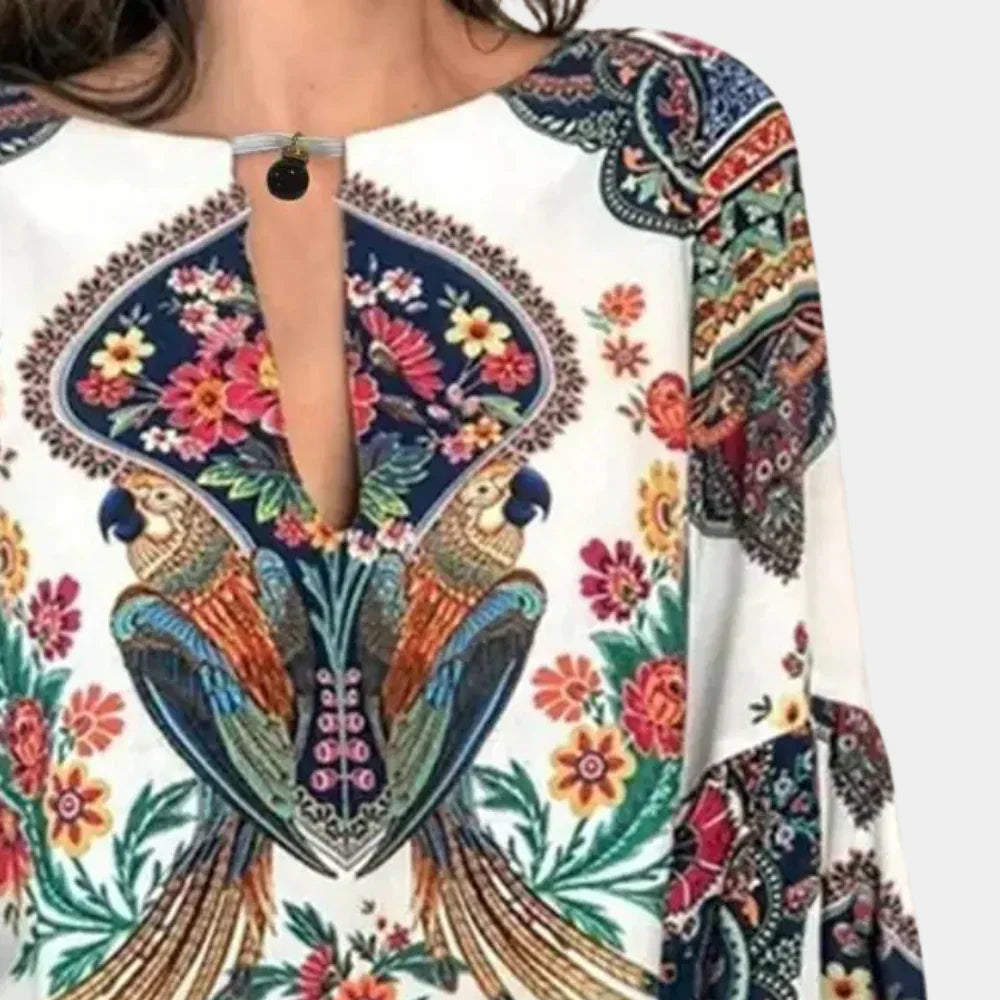 Women's Boho Floral Linen Keyhole Blouse