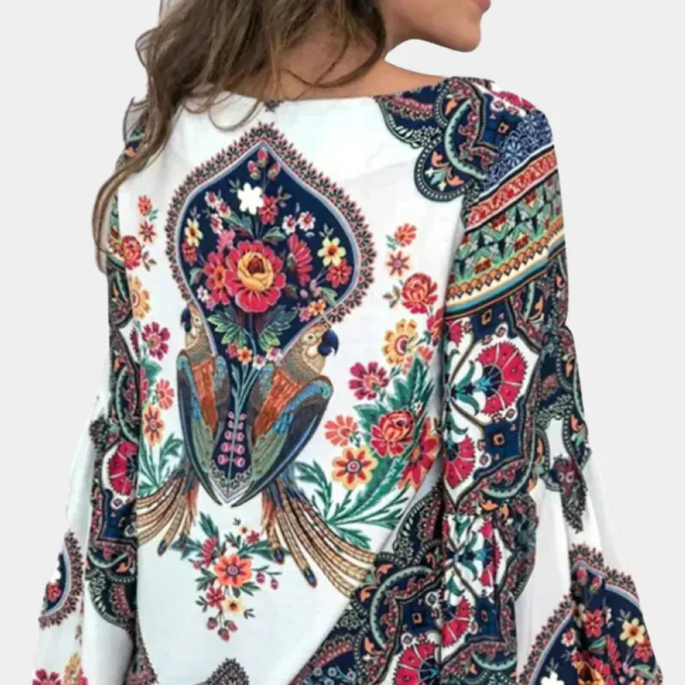 Women's Boho Floral Linen Keyhole Blouse