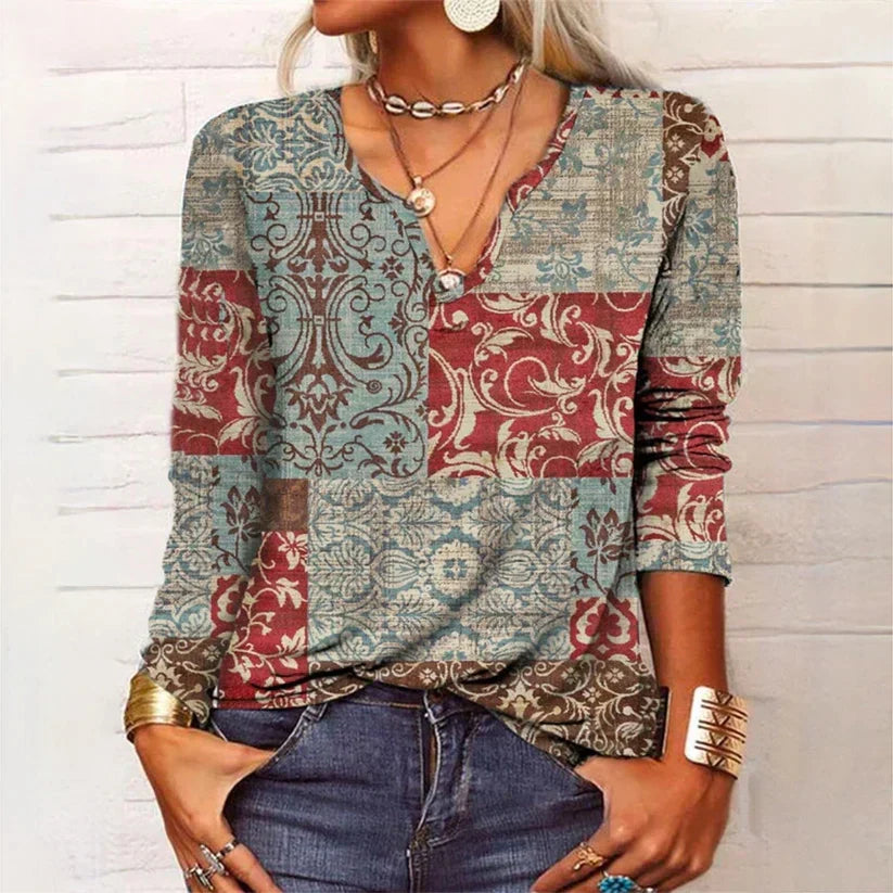 Women's Linen Boho Vintage Printed V-Neck Long Sleeve Blouse