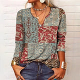 Women's Linen Boho Vintage Printed V-Neck Long Sleeve Blouse