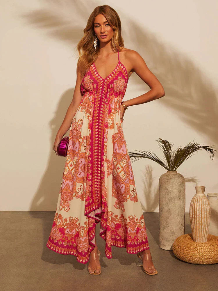 Women's Linen Halter Maxi Dress Beach Sundress