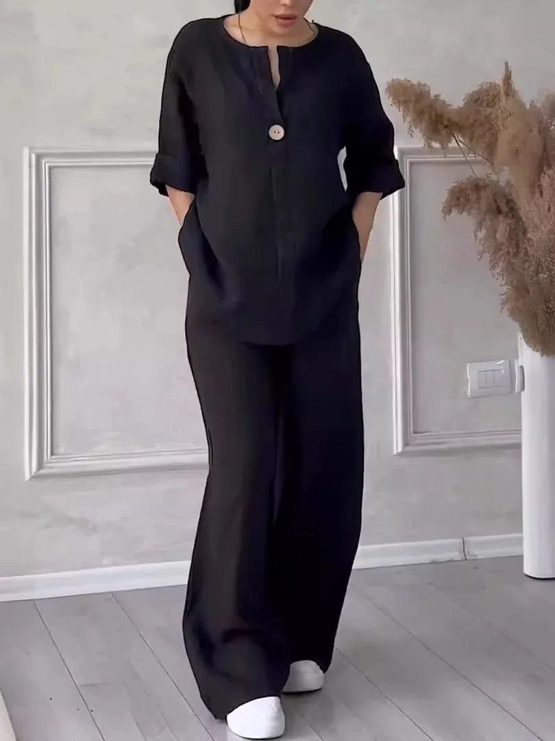 Ensemble deux pièces pour femme en lin, à manches courtes et pantalon large