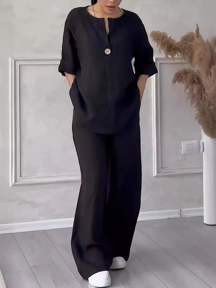 Ensemble deux pièces pour femme en lin, à manches courtes et pantalon large