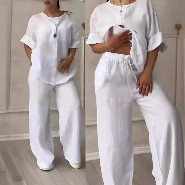 Ensemble deux pièces pour femme en lin, à manches courtes et pantalon large