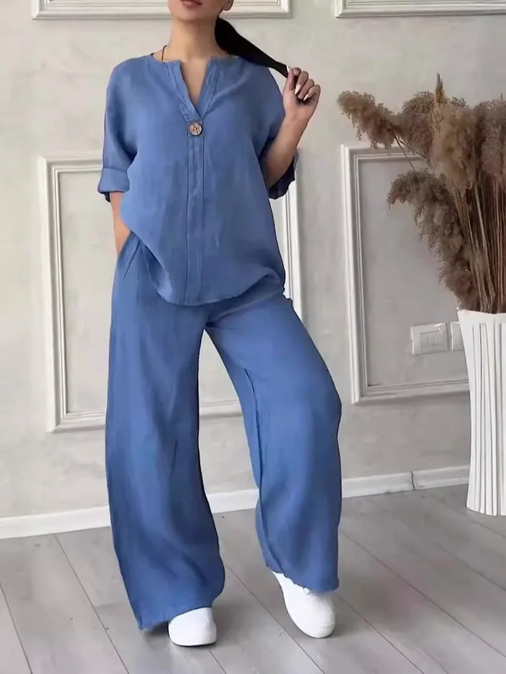 Ensemble deux pièces pour femme en lin, à manches courtes et pantalon large