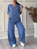 Ensemble deux pièces pour femme en lin, à manches courtes et pantalon large