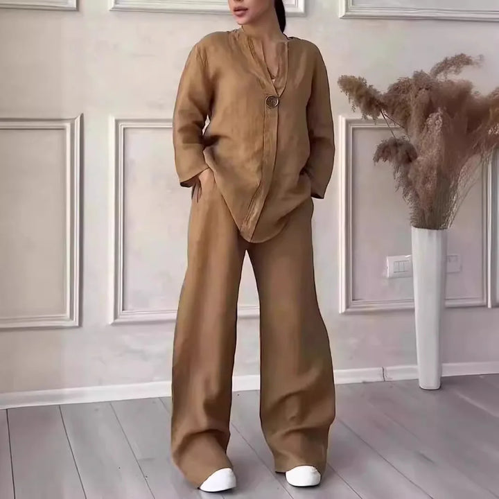 Ensemble deux pièces pour femme en lin, à manches courtes et pantalon large