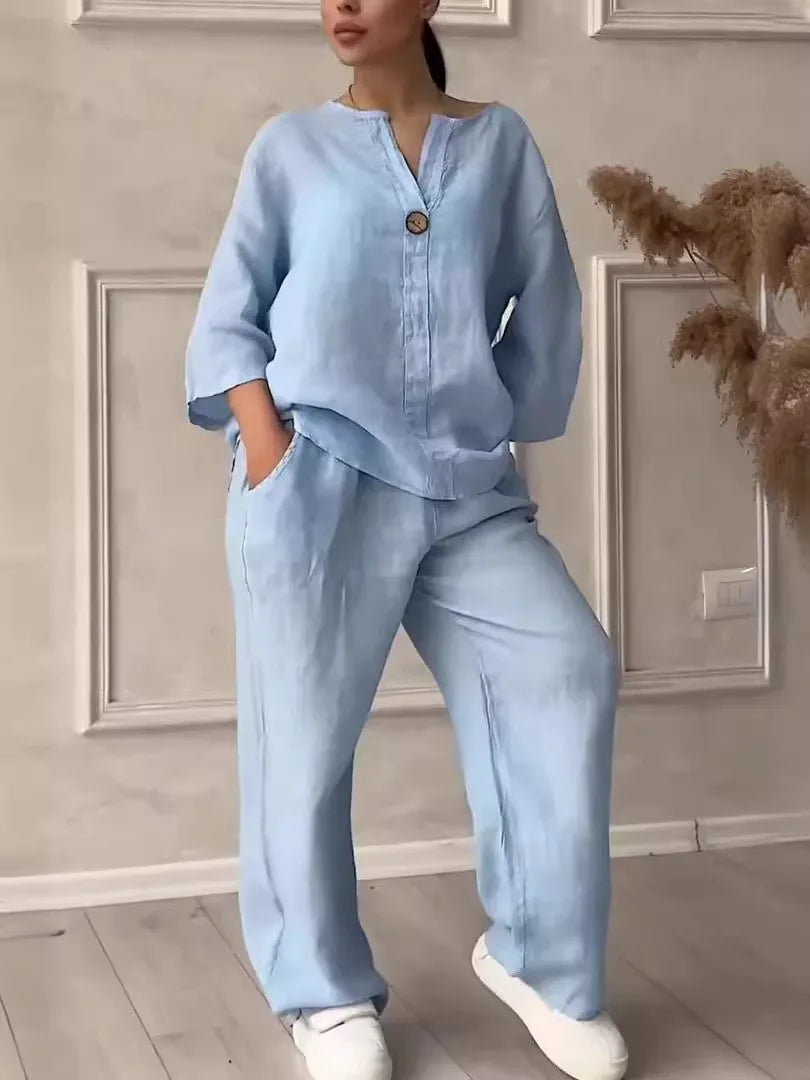 Ensemble deux pièces pour femme en lin, à manches courtes et pantalon large