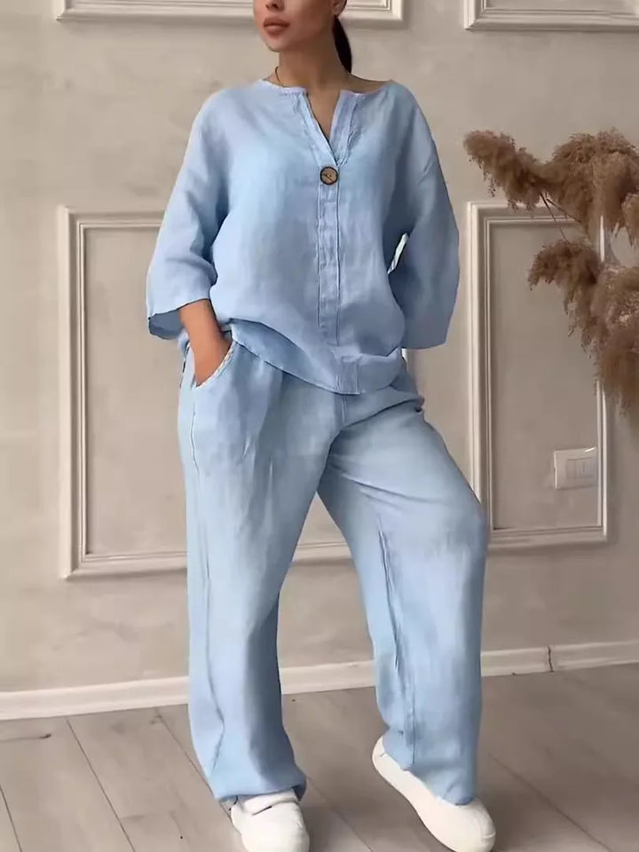 Ensemble deux pièces pour femme en lin, à manches courtes et pantalon large