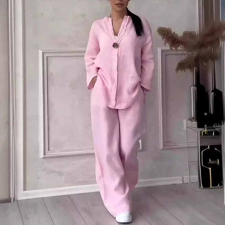 Ensemble deux pièces pour femme en lin, à manches courtes et pantalon large