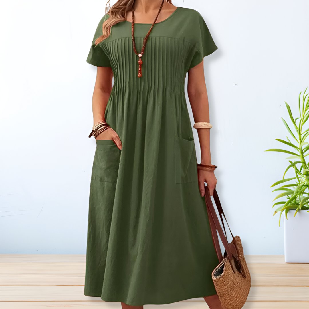 Women's Linen Blend Short Sleeve Crew Neck Midi Dress
