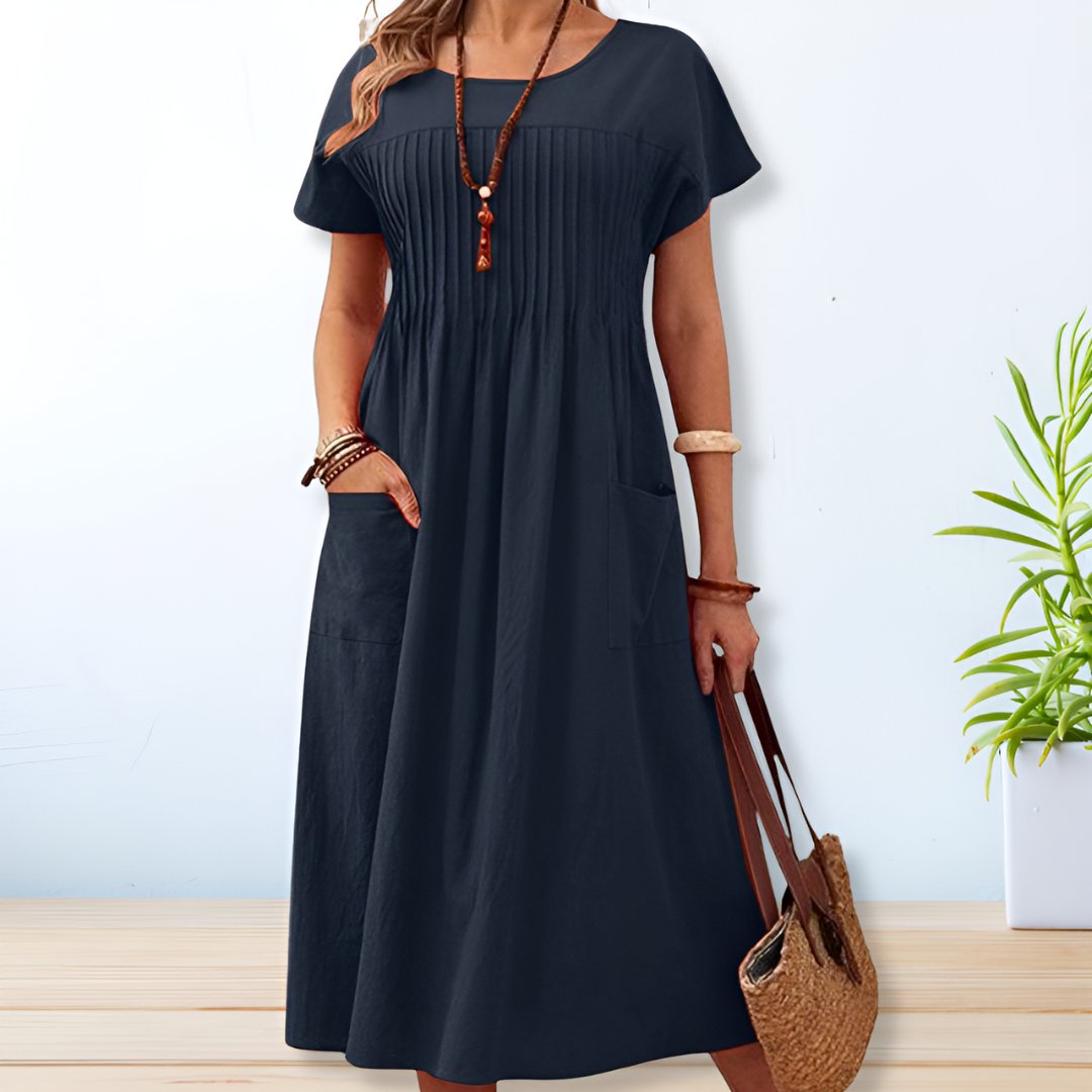Women's Linen Blend Short Sleeve Crew Neck Midi Dress