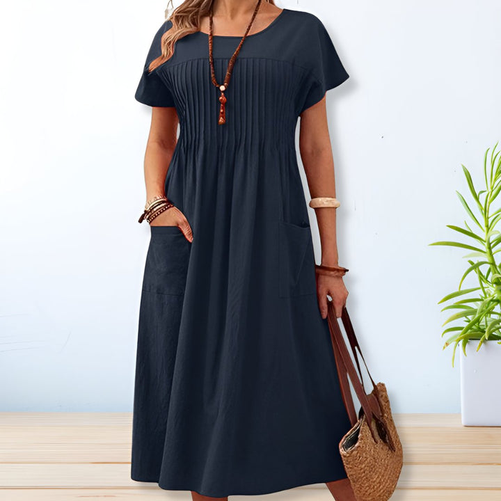 Women's Linen Blend Short Sleeve Crew Neck Midi Dress