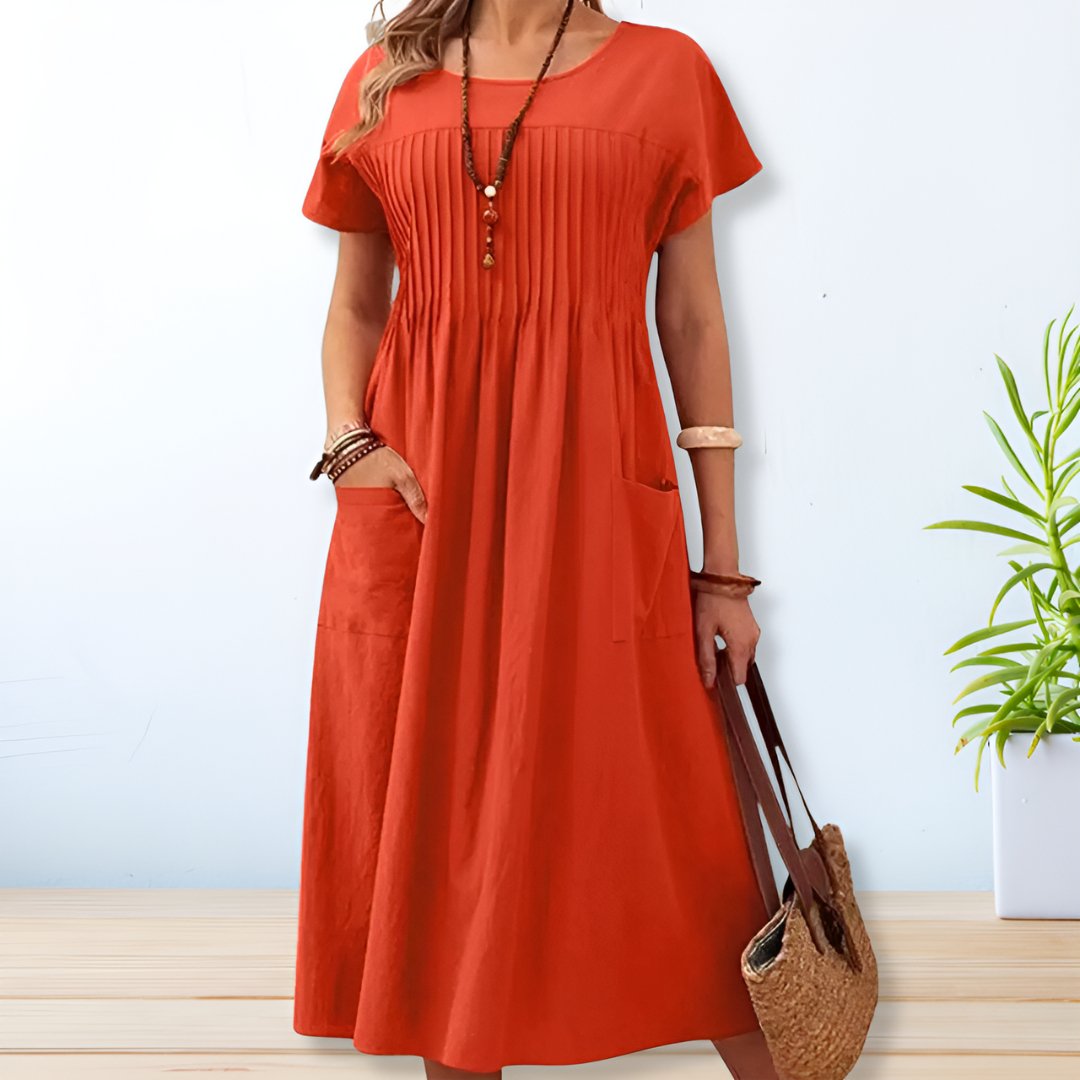 Women's Linen Blend Short Sleeve Crew Neck Midi Dress